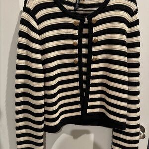 H&M Black and Cream Striped Button-Front Cropped Cardigan